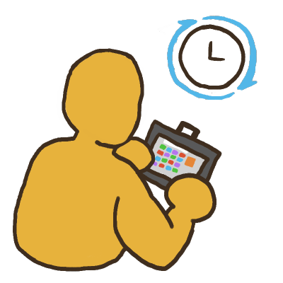 a yellow person holding an AAC device, facing away from the viewer. there is a clock above them with two blue arrows around the clock